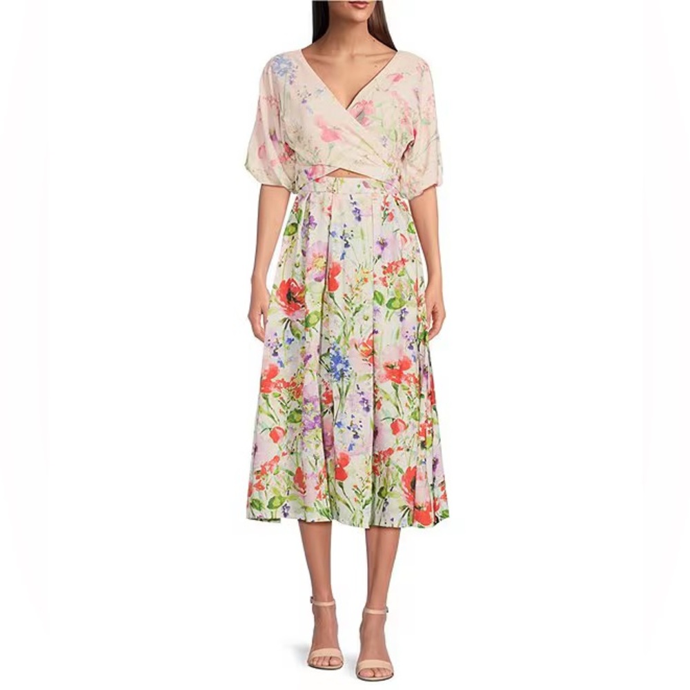 NWT SIENA Floral Surplice V Neckline Puff Sleeve Pleated Midi Dress Size 4
